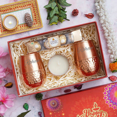 Customized Diwali Gift Combo- 2 Copper glass jar, Almonds (101g),Metal Candle-Golden