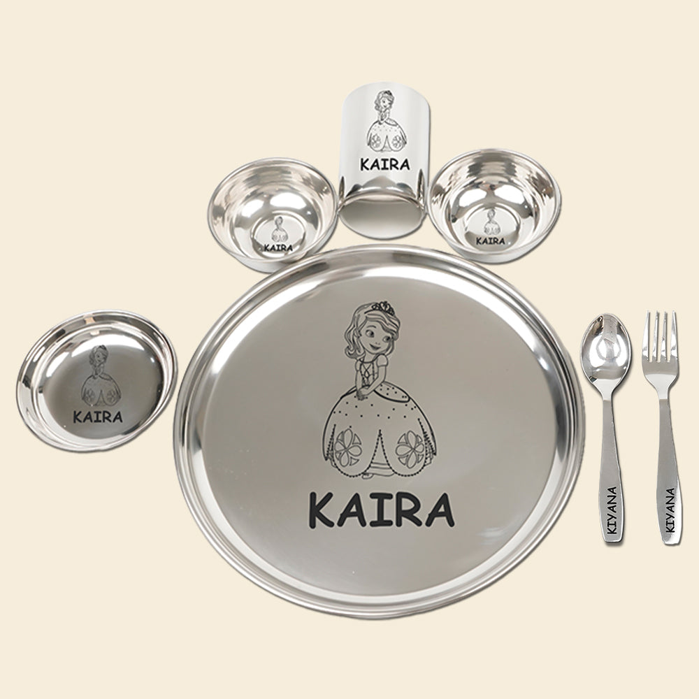 Your Gift Studio Personalized Meal Time 7pcs Combo Gift Set - (Plate, Glass, Fork, Spoon, Bowl, Sweet Bowl)