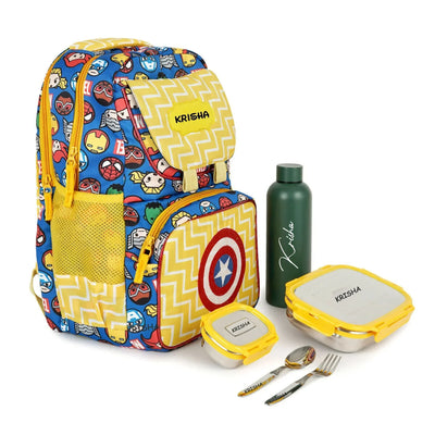 Your Gift Studio Marvel Print Kids Backpack, Tiffin, Fork, Spoon & Bottle Set Customised Hamper