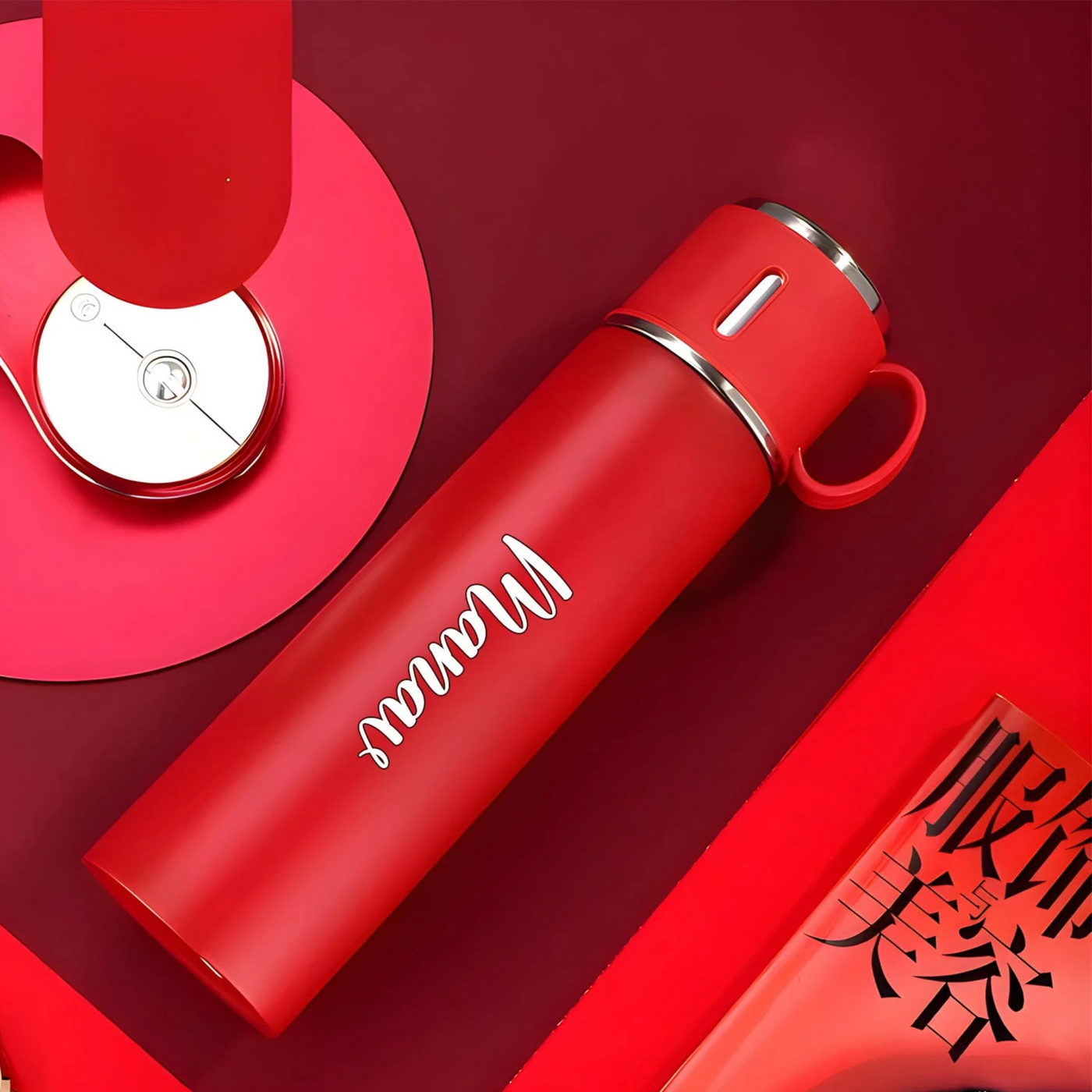 Personalized Stainless Steel Water Bottle Vacuum Flask Set with 3 Steel Cups Combo