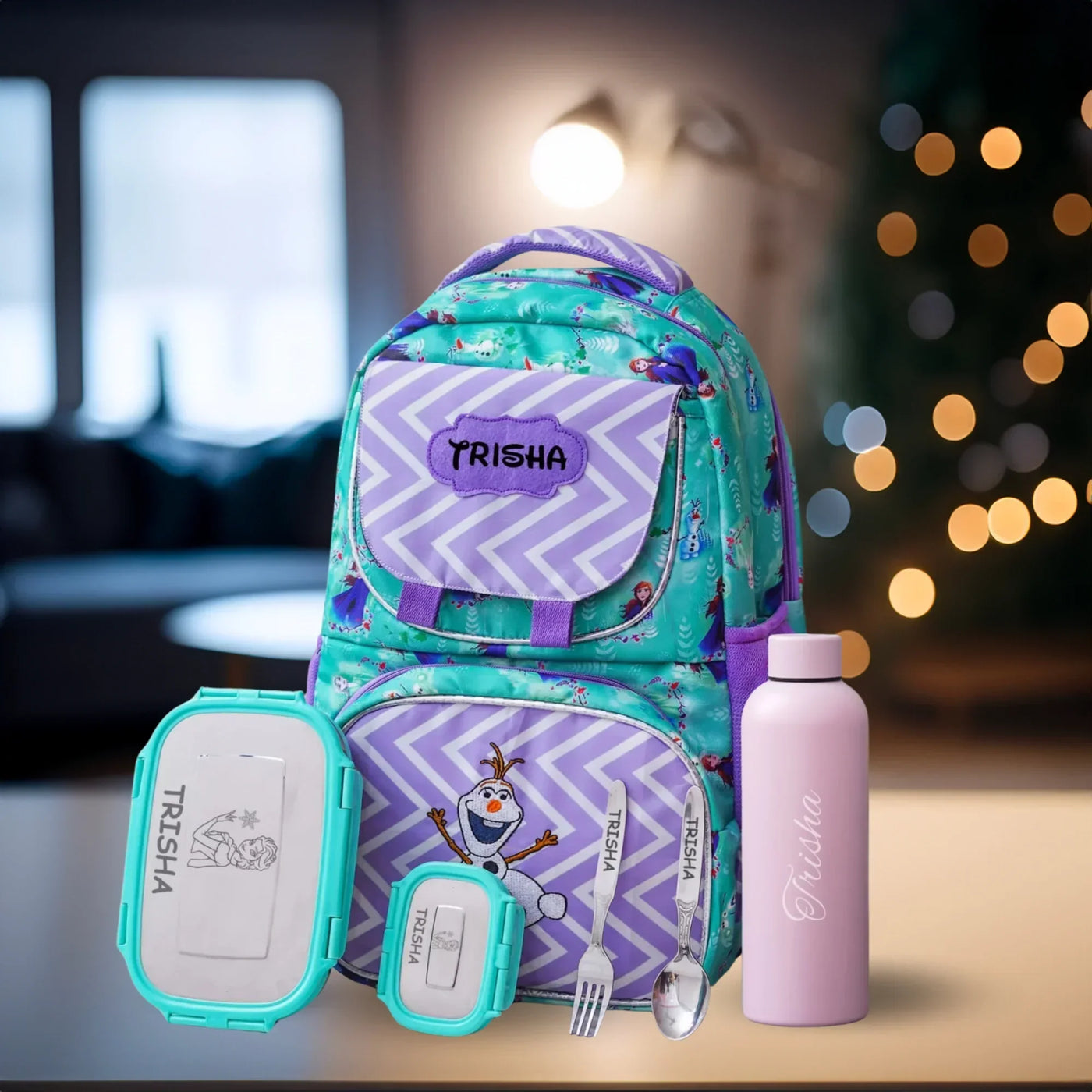 Your Gift Studio Frozen Print Kids Backpack, Tiffin, Fork, Spoon & Bottle Customised Hamper