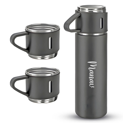 Personalized Stainless Steel Water Bottle Vacuum Flask Set with 3 Steel Cups Combo