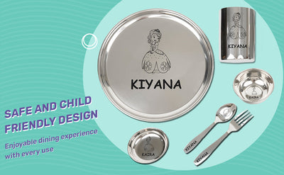Your Gift Studio Personalized Meal Time 7pcs Combo Gift Set - (Plate, Glass, Fork, Spoon, Bowl, Sweet Bowl)
