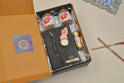 2024 Diwali Combo 4.0 (Diary with Pen + Classy Metal Keychain + Ferrero Rocher + Diya + Dryfruit Jar) - Black