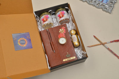 2024 Diwali Combo 4.0 (Diary with Pen + Classy Metal Keychain + Ferrero Rocher + Diya + Dryfruit Jar) - Brown