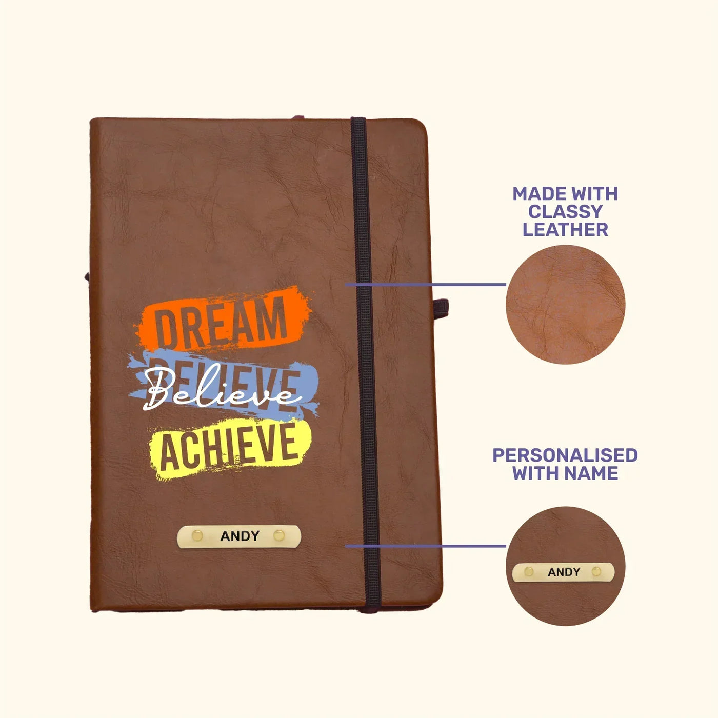 Dream Believe Achieve Printed Hard Cover Diary - Tan