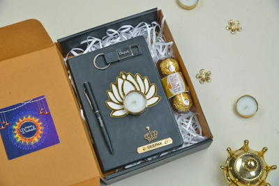 2024 Diwali Combo 1.0 (Classy hard cover diary + classy metal keychain + classic metal pen + Ferrero Rocher + Diya) - Black