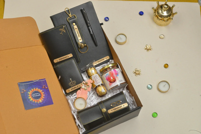 2024 Diwali Combo 5.0 (Classy Hardcover Diary + Faux Leather Keychain with Hook +  Faux Leather Passport Cover +  Faux Leather Eyewear + Unisex Sleek Wallet + Ferrero Rocher + Diya + Dryfruit Jar+ Classic Metal Pen) - Black