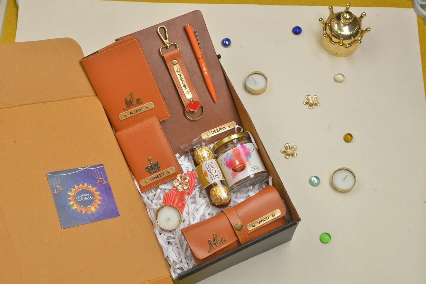 2024 Diwali Combo 5.0 (Classy Hardcover Diary + Faux Leather Keychain with Hook +  Faux Leather Passport Cover +  Faux Leather Eyewear + Unisex Sleek Wallet + Ferrero Rocher + Diya + Dryfruit Jar+ Classic Metal Pen) - Tan