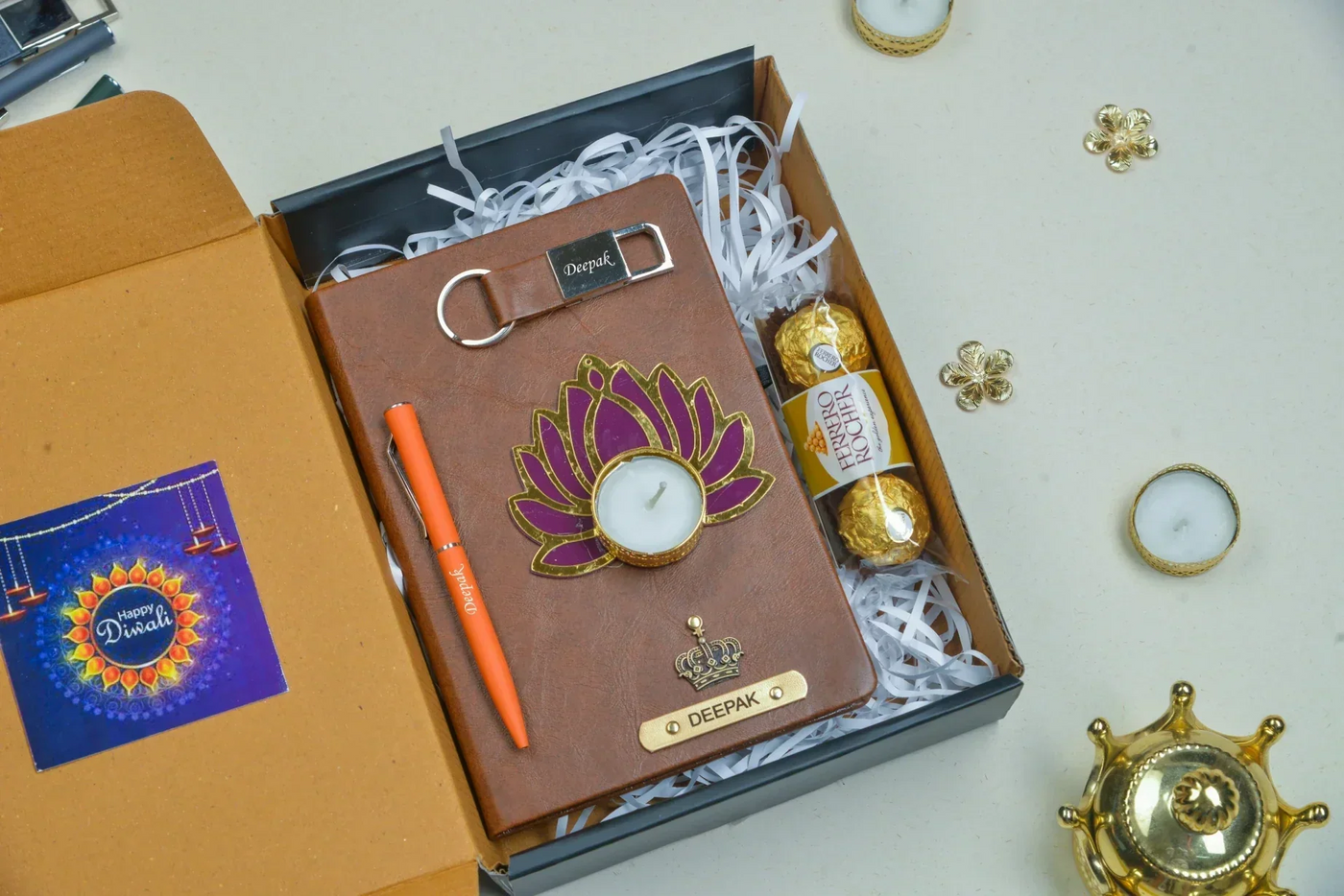2024 Diwali Combo 1.0 (Classy hard cover diary + classy metal keychain + classic metal pen + Ferrero Rocher + Diya) - Brown