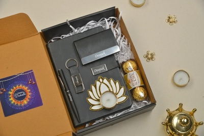 2024 Diwali Combo 2.0 (Classy Metal Flip Card Cover Diary + Classy Metal Keychain + Pen + Classy Steel Cardholder + Ferrero Rocher + Diya) - Black