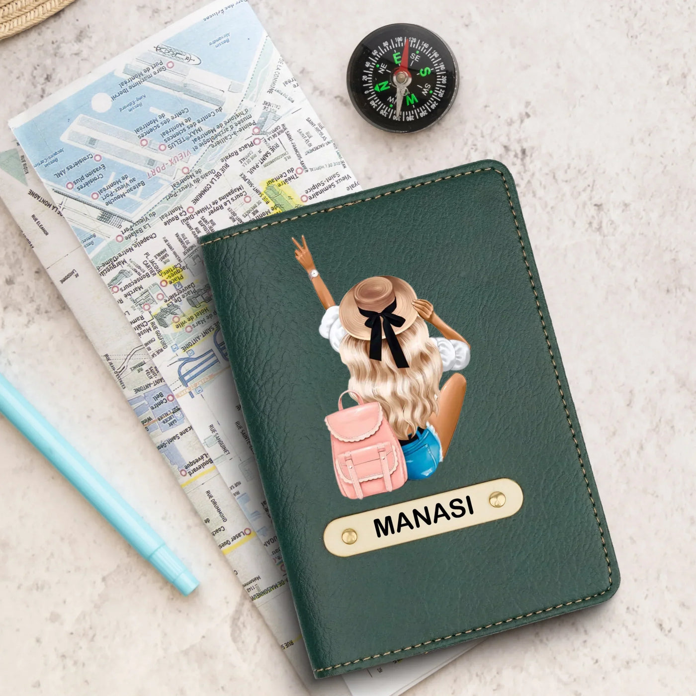Travel Girl Print Personalised Nexon Passport Cover - Olive Green