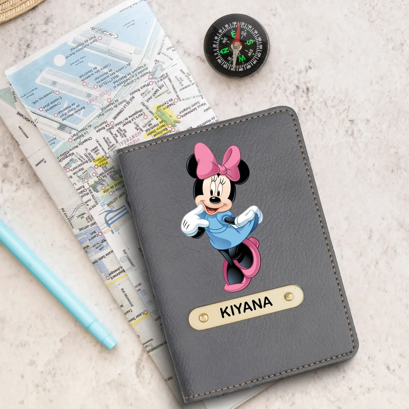 Minnie Mouse Print Personalised Nexon Passport Cover - Grey