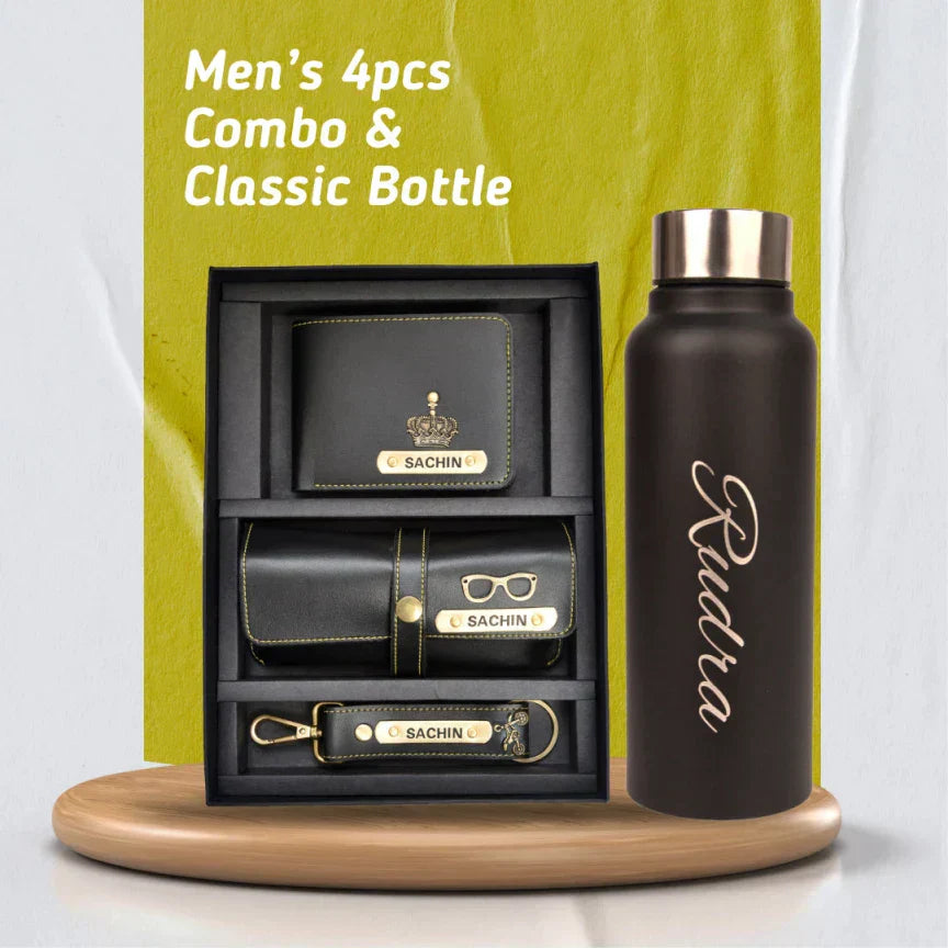 Personalized Best Vegan Leather Combo with Water Bottle - Black