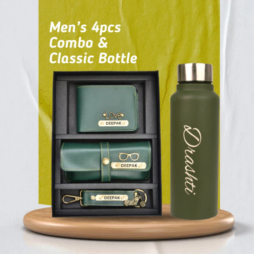 Personalized Best Vegan Leather Combo with Water Bottle - Green