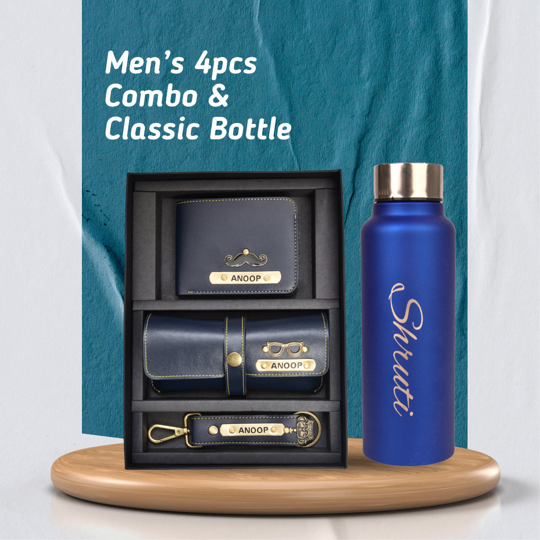 Personalized Best Vegan Leather Combo with Water Bottle - Blue