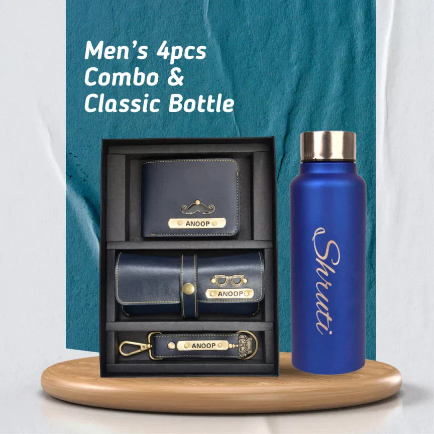 Personalized Best Vegan Leather Combo with Water Bottle - Blue