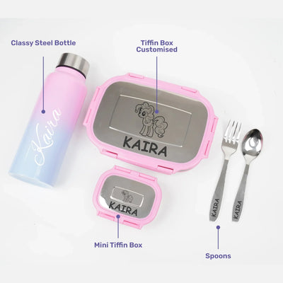 Personalised Engraved Tiffin Box Set With Bottle - Large - Pink