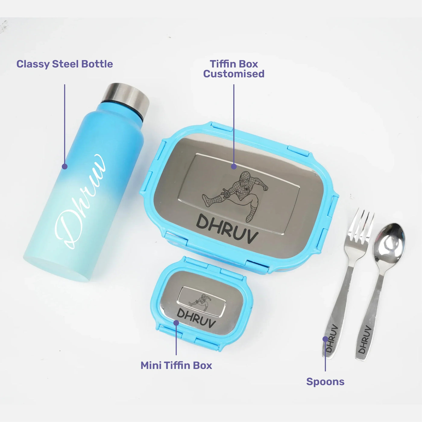 Personalised Engraved Tiffin Box Set With Bottle - Large - Blue
