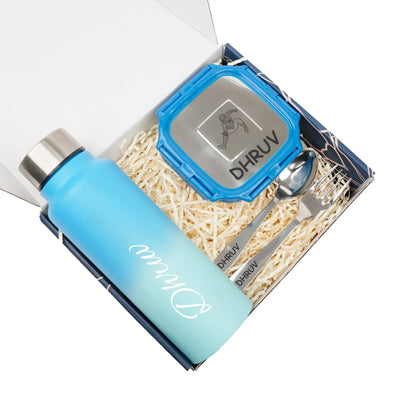 Personalised Engraved Tiffin Box Set With Bottle - Large - Blue