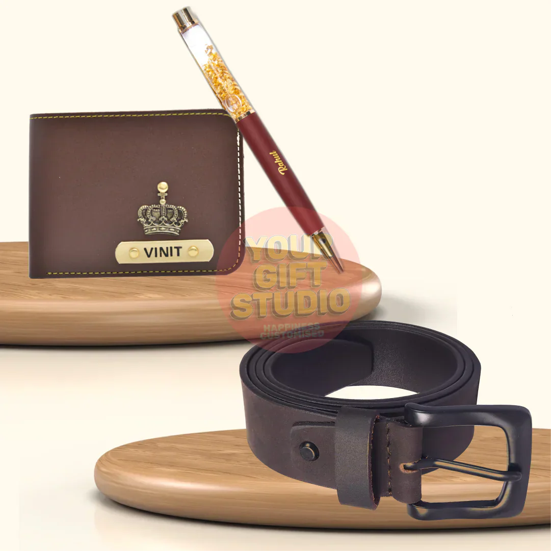 Customized Men's Decent 3 Pcs Gift Combo - Brown