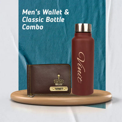 Personalized Perfect Unisex Money Clip and Classy Water Bottle - Brown