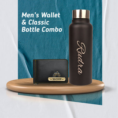 Personalized Perfect Unisex Money Clip and Classy Water Bottle - Black