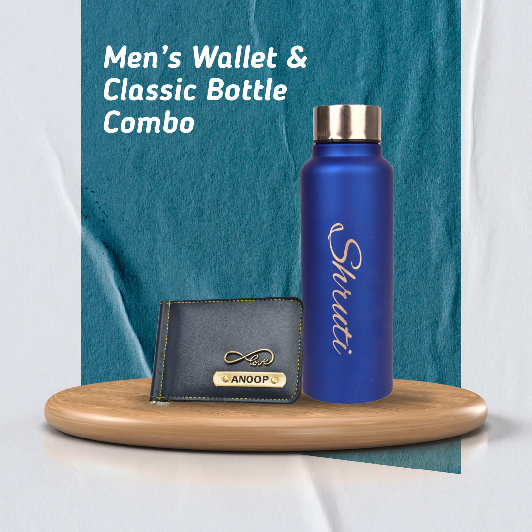 Personalized Perfect Unisex Money Clip and Classy Water Bottle - Blue