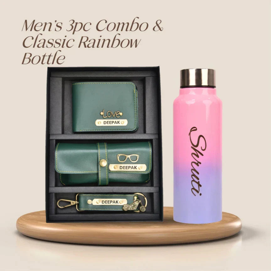 Customized Best Vegan Leather Combo with Water Bottle - Grey