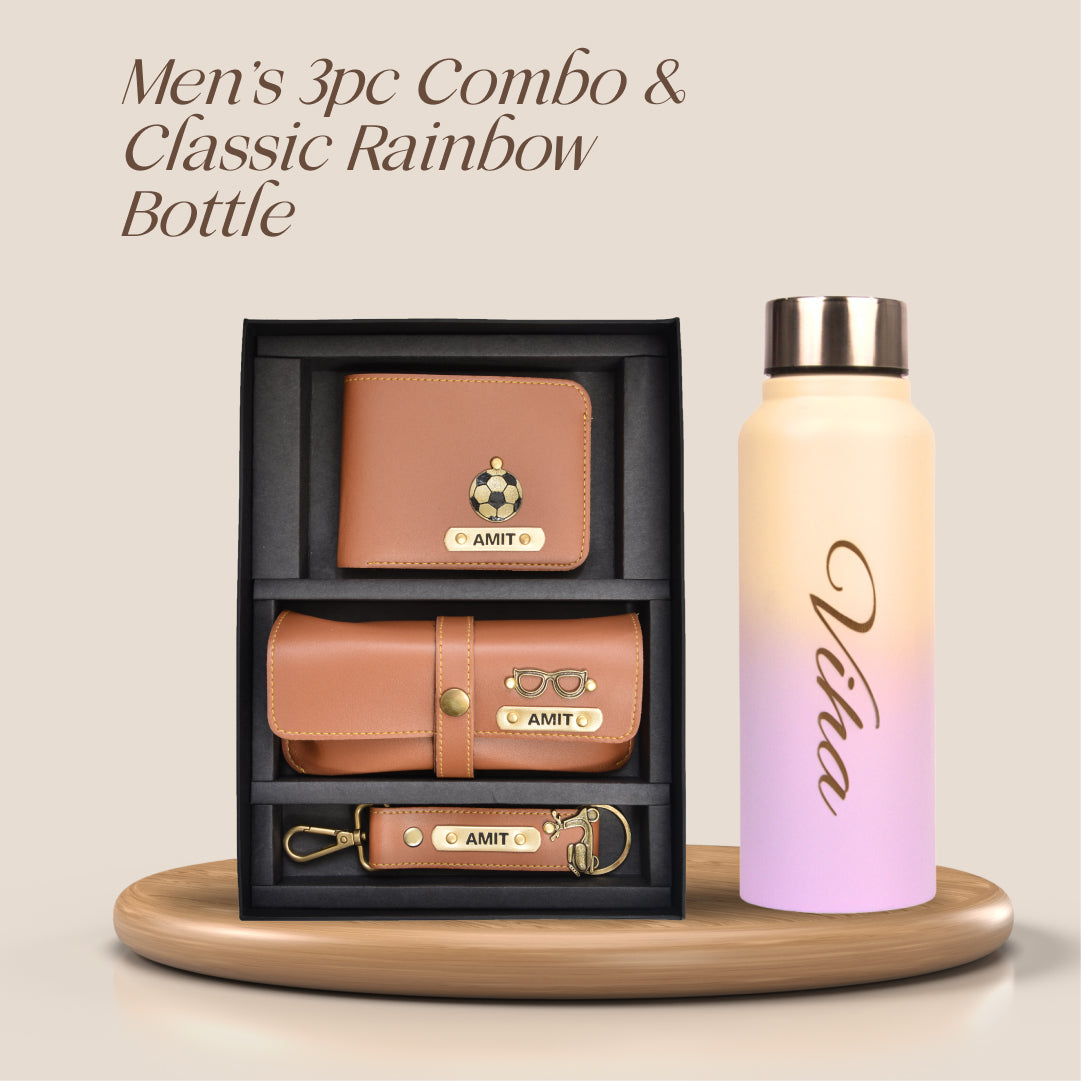 Customized Best Vegan Leather Combo with Water Bottle - Tan