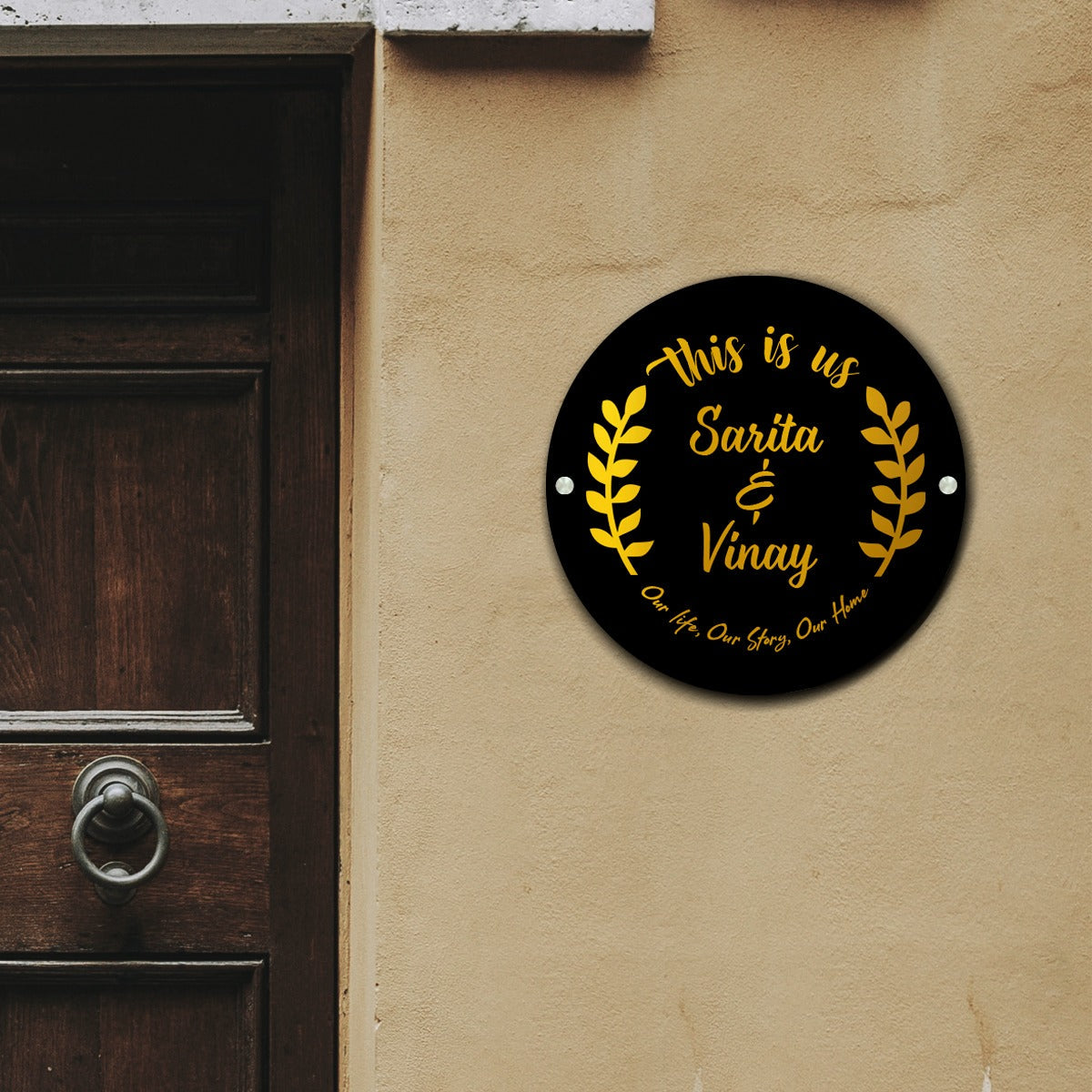 Premium Circular 3D Golden Leaf Name Plate