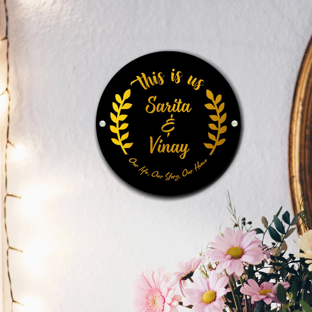 Premium Circular 3D Golden Leaf Name Plate