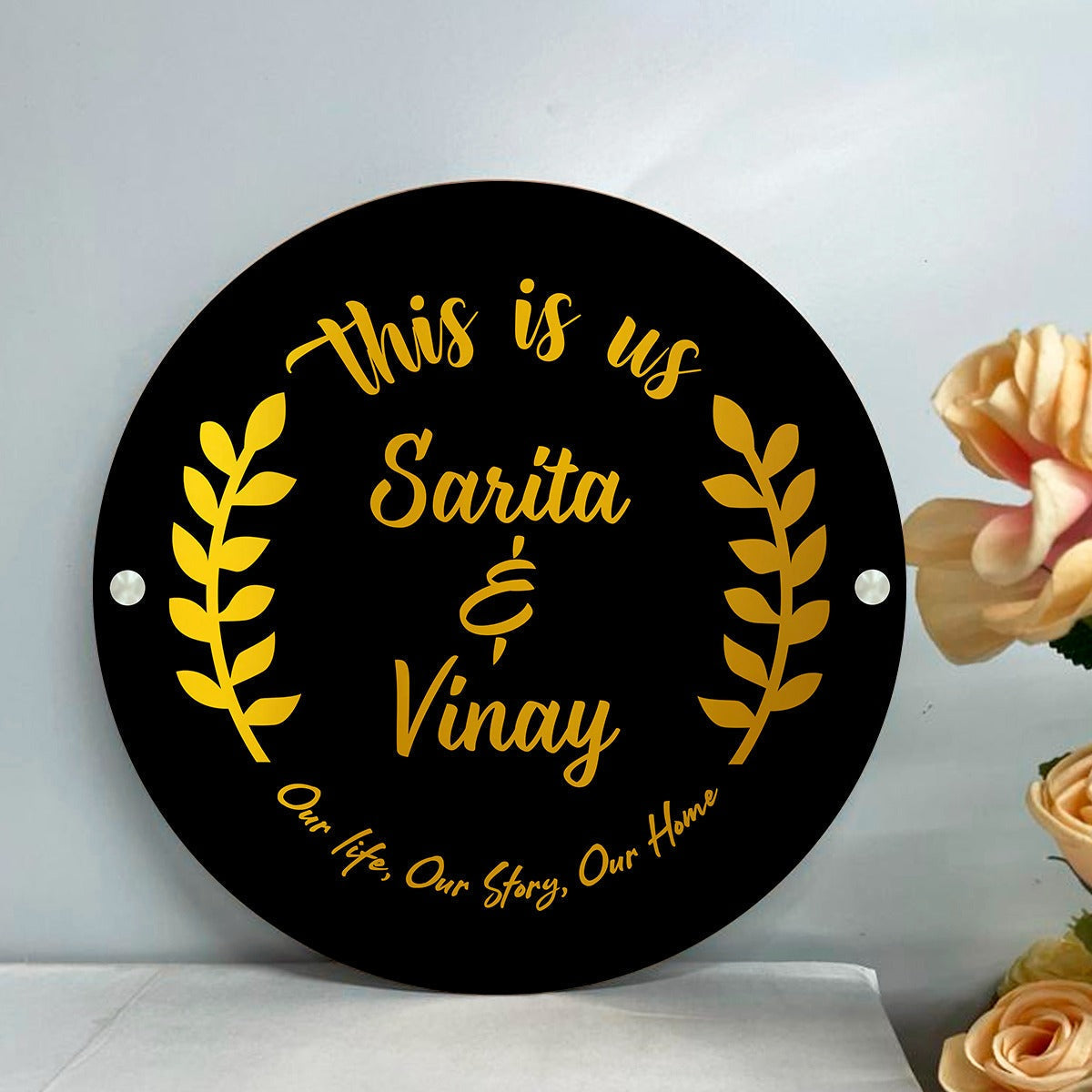 Premium Circular 3D Golden Leaf Name Plate