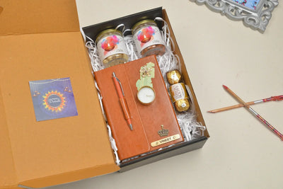 2024 Diwali Combo 4.0 (Diary with Pen + Classy Metal Keychain + Ferrero Rocher + Diya + Dryfruit Jar) Tan