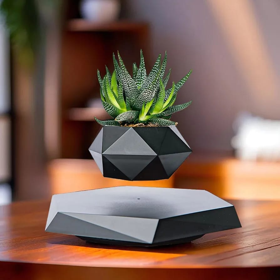 Magnetic Levitating Flower Pot Negative Ion Geometry 360° Floating Bonsai Planter - Black (Plants Not Included) (No Cash On Delivery Allowed On This Product) - Prepaid Orders Only