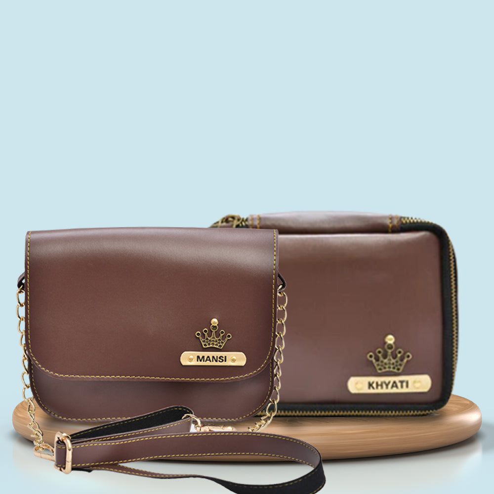 Personalized Mini make up kit + Chained Sling bag - Brown