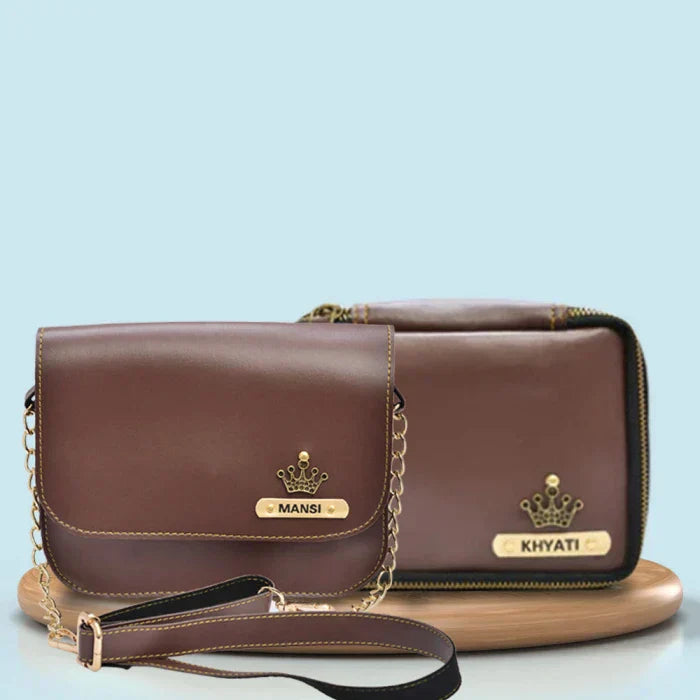 Personalized Mini make up kit + Chained Sling bag - Brown