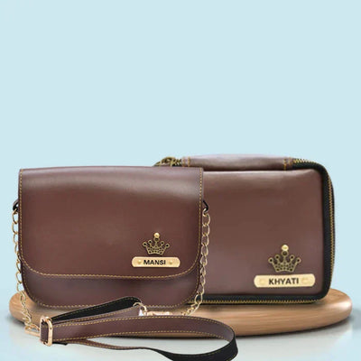 Personalized Mini make up kit + Chained Sling bag - Brown