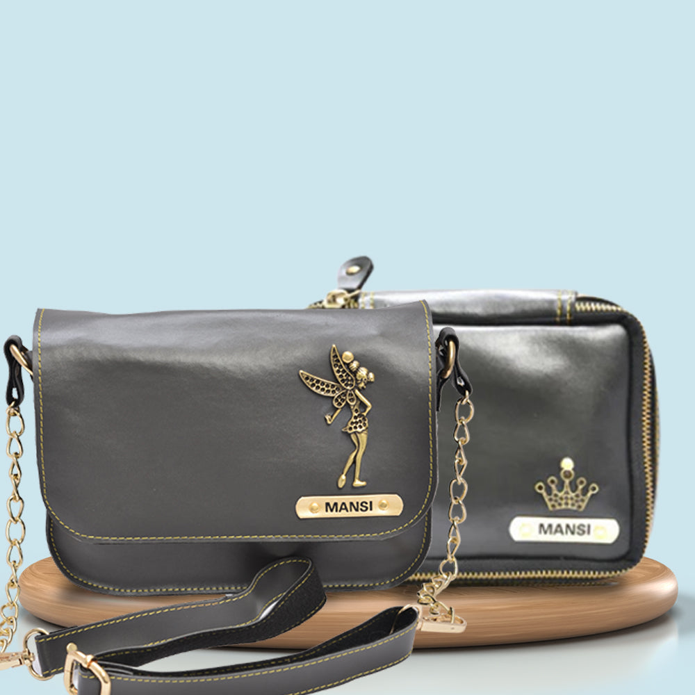 Personalized Mini make up kit + Chained Sling bag - Grey