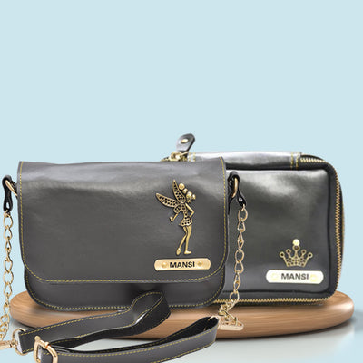 Personalized Mini make up kit + Chained Sling bag - Grey