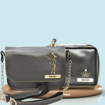 Personalized Mini make up kit + Chained Sling bag - Grey