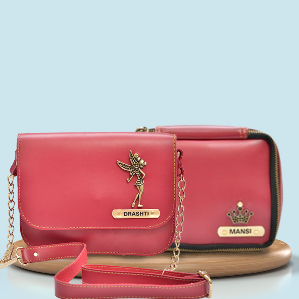 Personalized Mini make up kit + Chained Sling bag - Wine