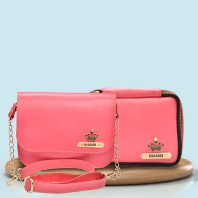 Personalized Mini make up kit + Chained Sling bag - Pink
