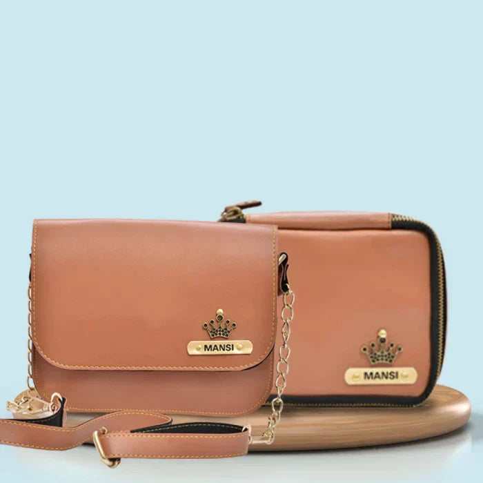 Personalized Mini make up kit + Chained Sling bag - Tan