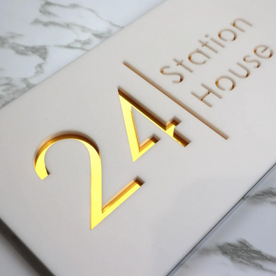 Door Name Plate - White & Gold Mirror Floating House Sign