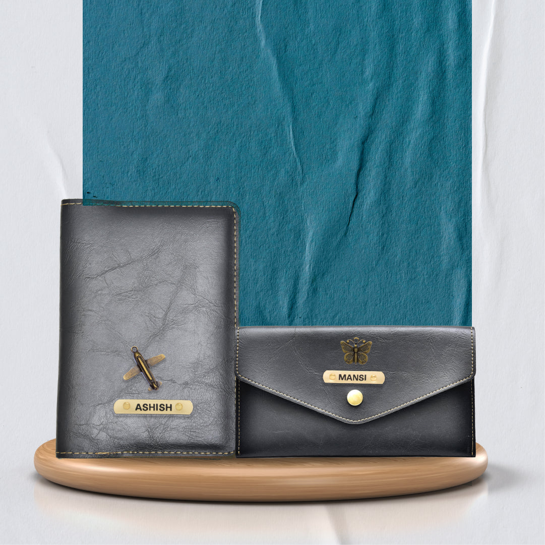 Customized Classy Leather Lady Wallet and Passport Cover Combo - Black