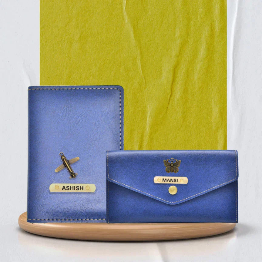 Customized Classy Leather Lady Wallet and Passport Cover Combo - Blue
