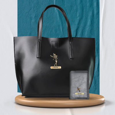 Personalized Tote Bag and Classy Leather Passport Cover - Black