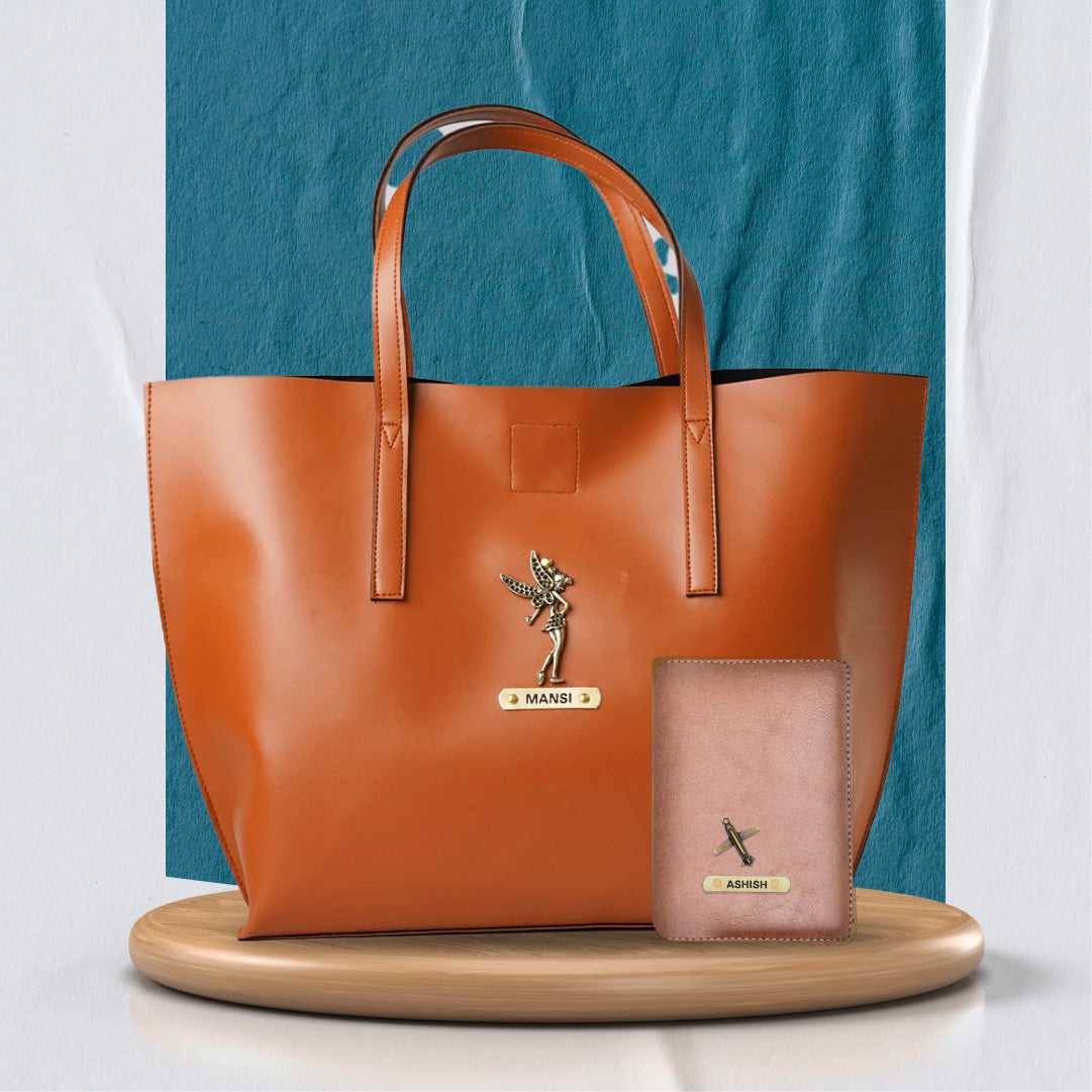 Personalized Tote Bag and Classy Leather Passport Cover - Tan