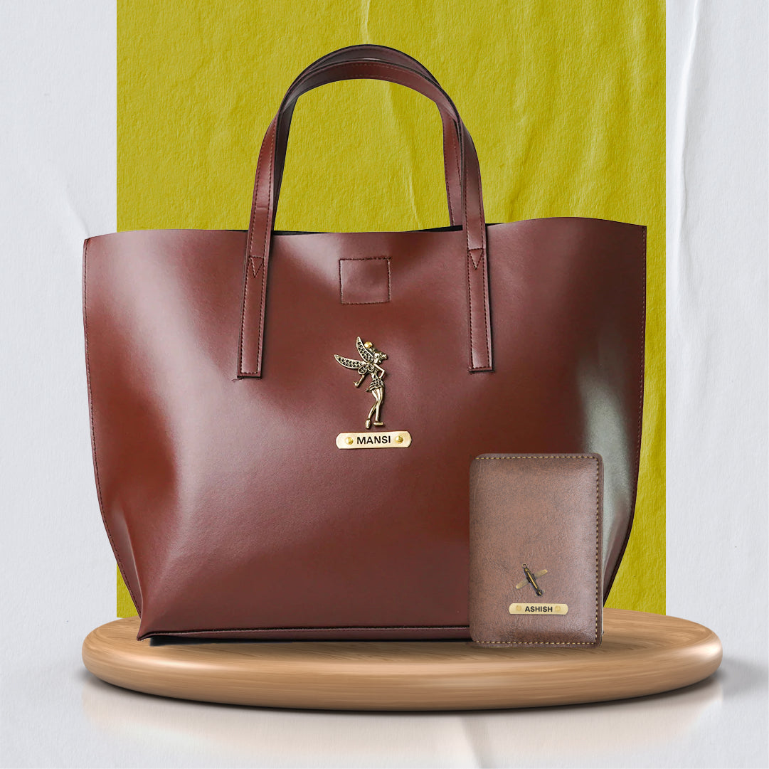 Personalized Tote Bag and Classy Leather Passport Cover - Brown